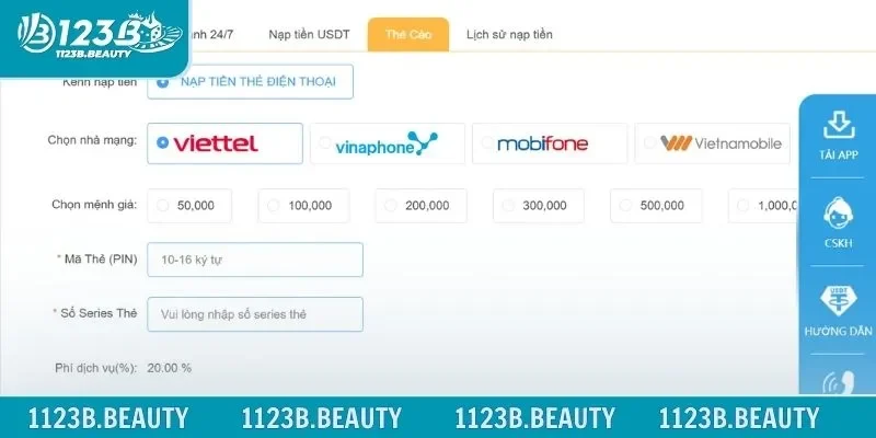 Thao tác thực hiện tăng vốn với các loại thẻ cào điện thoại